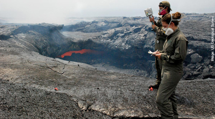 Geologists measure the electrical field across a lava tube to determine the volume of lava flowing through the tube